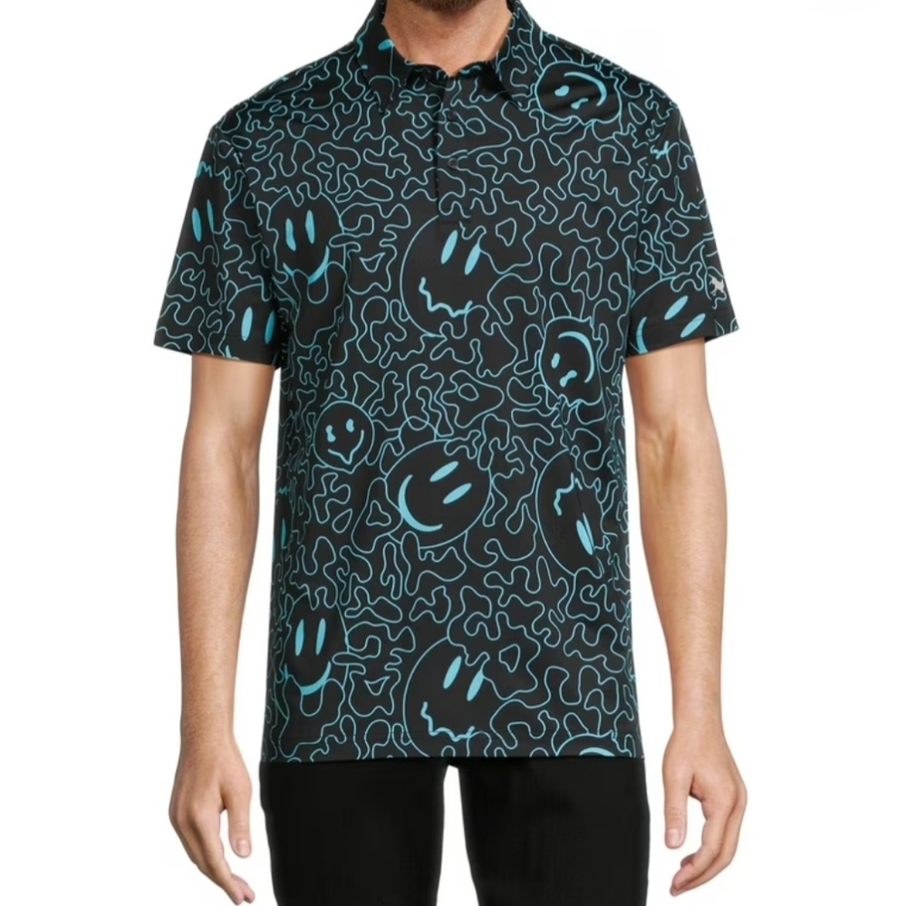 Birdie Bound Men's Short Sleeve Black Smiley Face Golf Polo Shirt - Size 2XL